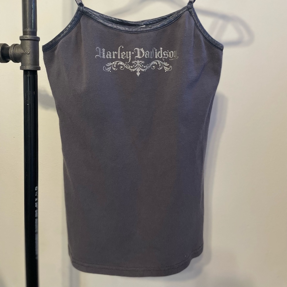 Harley Davidson ladies grey tank top with adjustable straps & shelf bra.